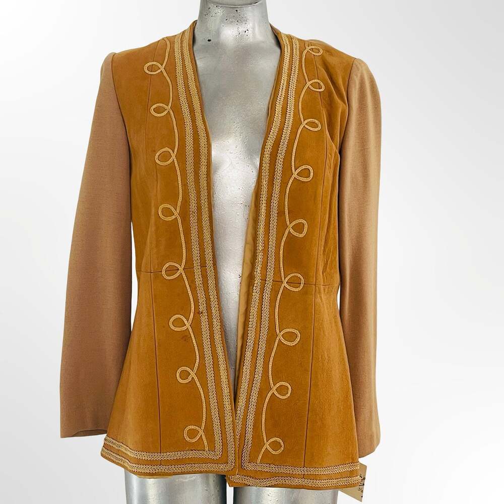 Vintage 70s Suede Leather Blazer with Soutache Embroidery & Contrast Sleeves - Picture 2 of 8